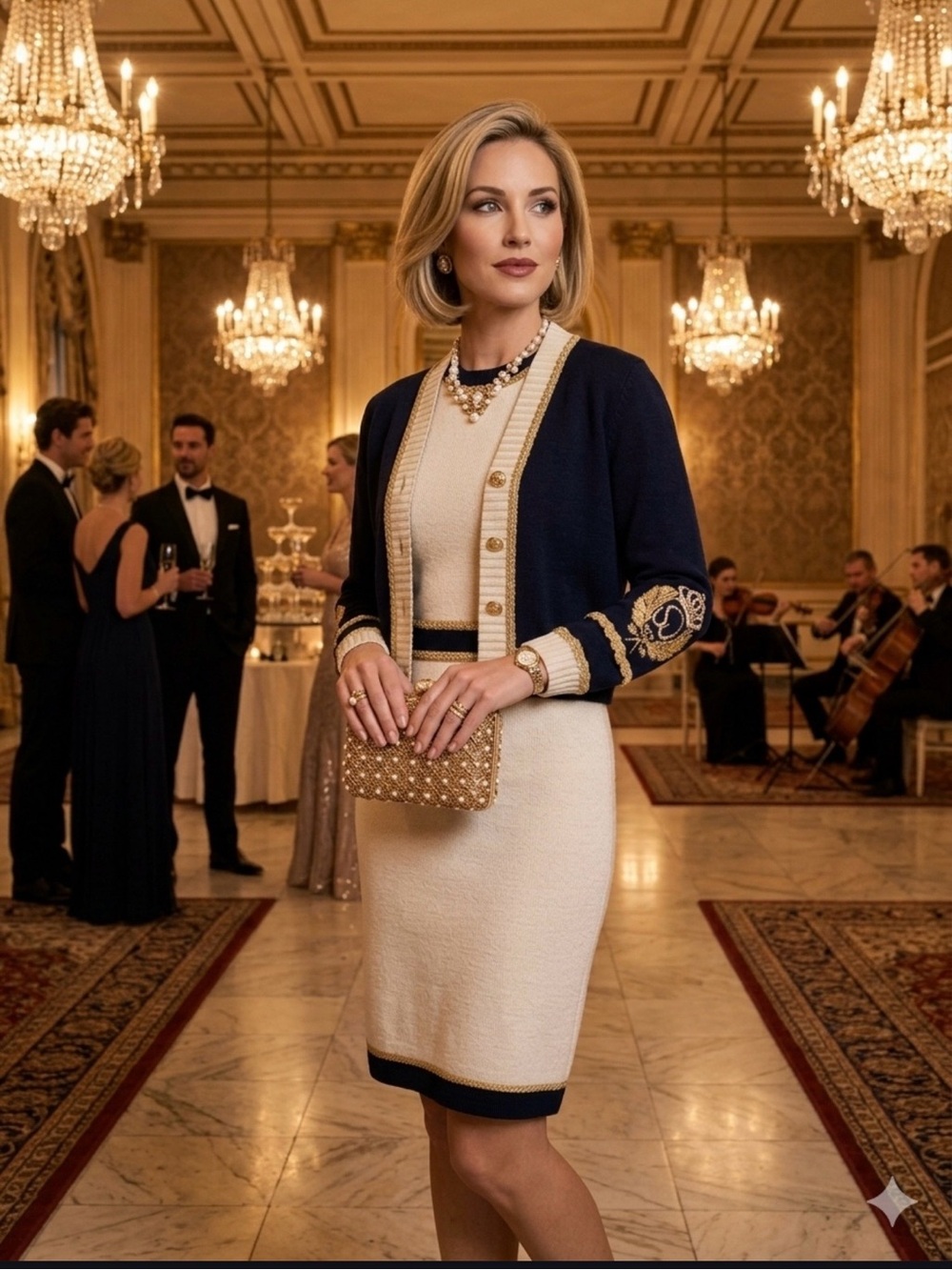 St. John Navy, Cream and Gold Trim V-Neck Cardigan size L and skirt size 8